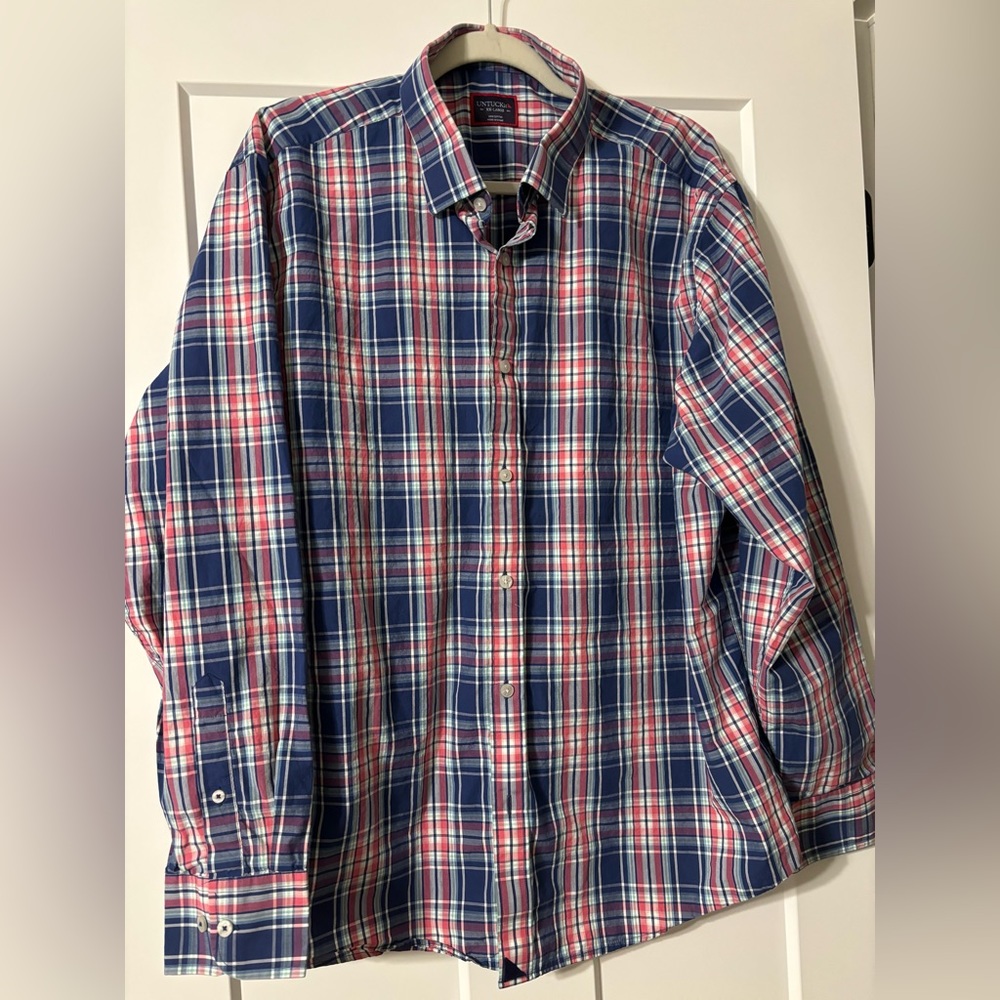 UNTUCKIT Size XXL Short Mens Blue Lightweight Button Front Shirt Plaid Cotton